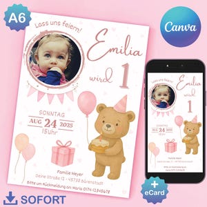 Convite de Ursinho de Pelúcia para o 1º Aniversário de uma Menina | Convite Digital com Foto | Arquivo para Impressão A6 e Convite Personalizável para Celular - Modelo Canva