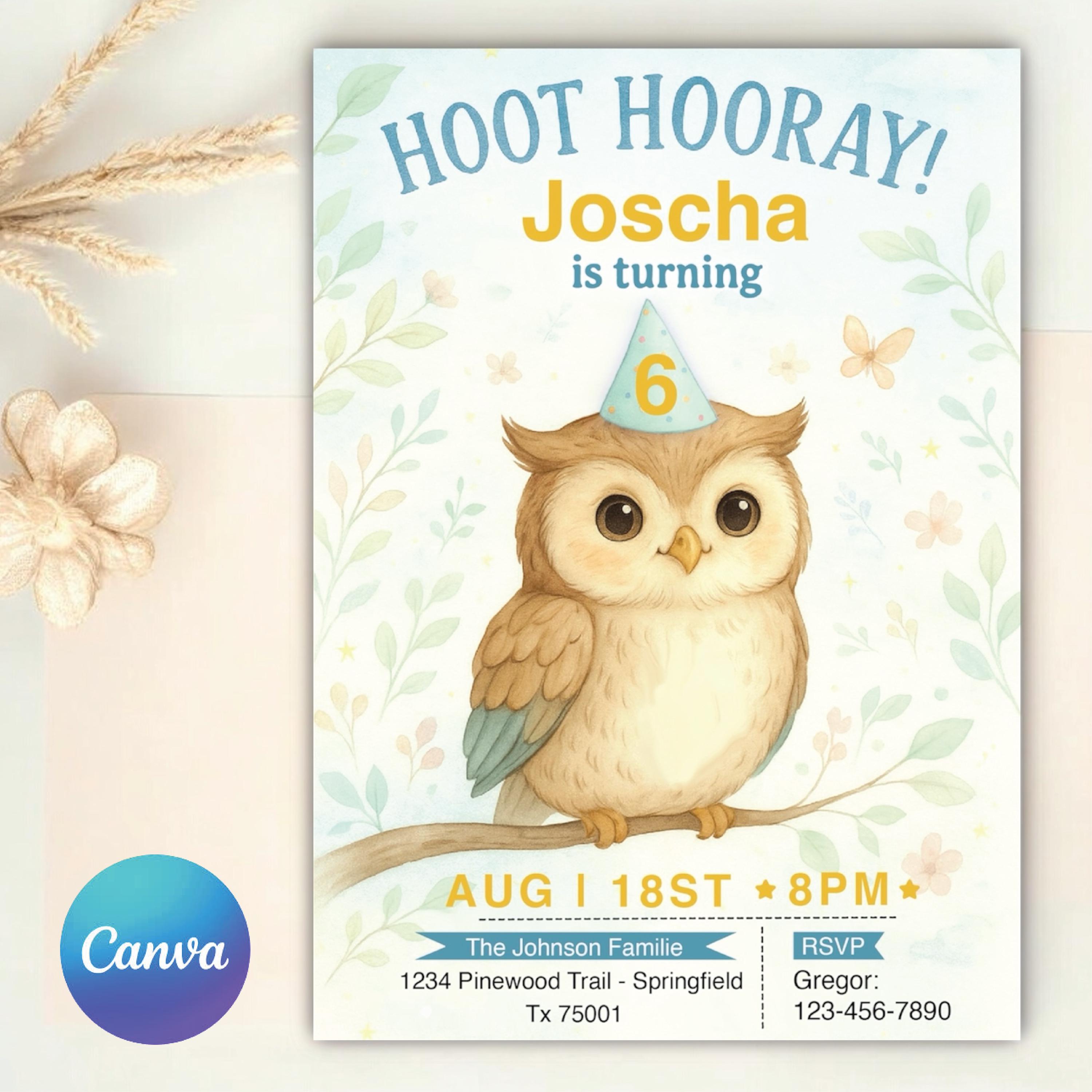 Owl Birthday Invitation | Woodland Forest Party Canva Template | Editable Kids Invite | Hoot Hooray 