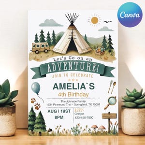 Invitation d'anniversaire d'aventure | Modèle de fête forestière modifiable sur Canva | Invitation imprimable Camping Bear pour enfants | Téléchargement instantané