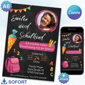 Convite para matrícula escolar para meninas | Convite digital para volta às aulas com foto | Modelo Canva A6 para impressão e convite para celular