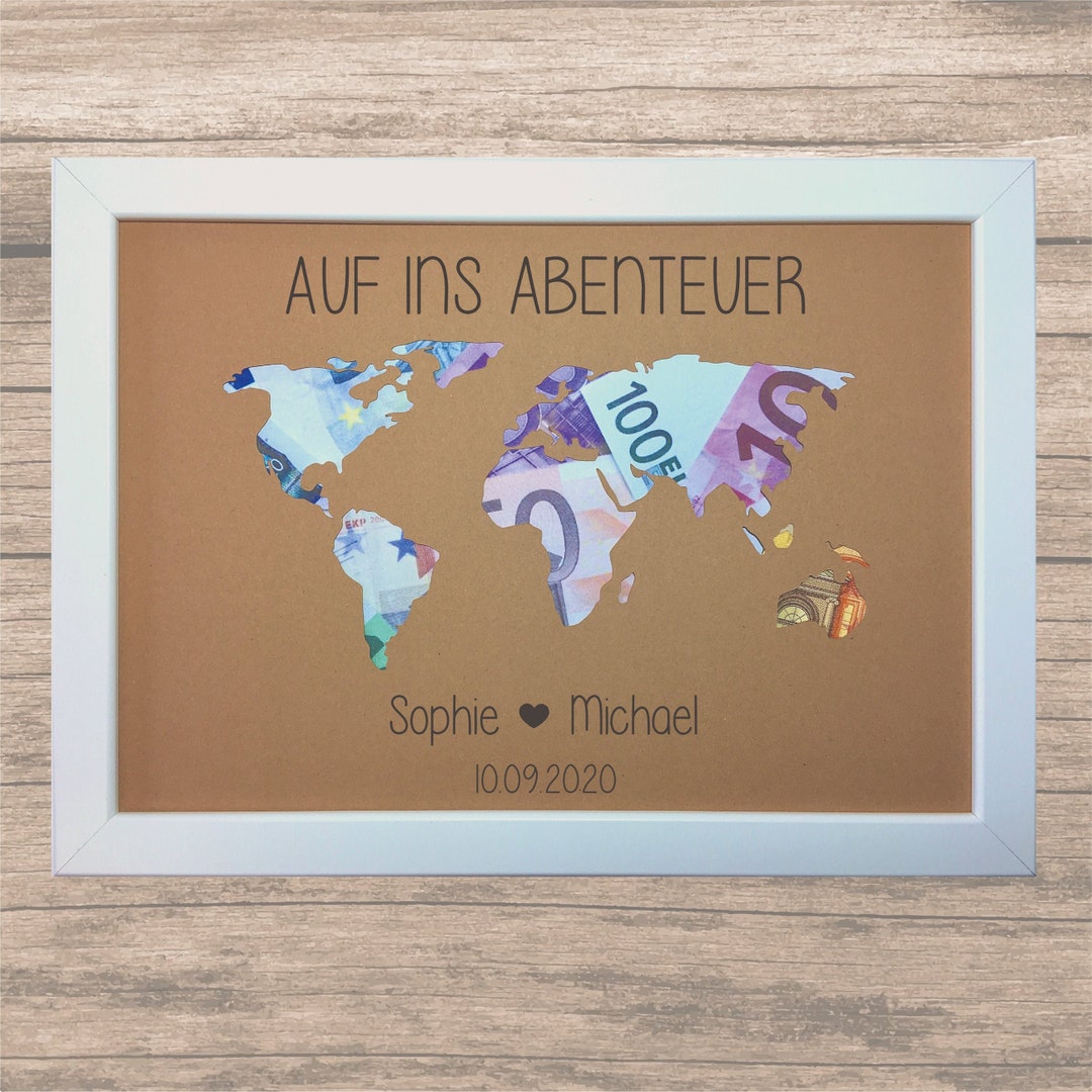 Individuelles Geldgeschenk Abenteuer Weltkarte Kraftpapier Hochzeit