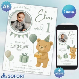Convite de Ursinho de Pelúcia para 1º Aniversário de Menino | Convite Digital com Foto | Arquivo para Impressão A6 e Convite para Celular Personalizável - Modelo Canva