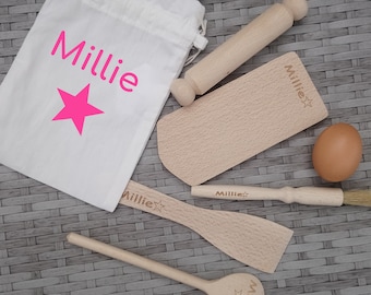 Juego personalizado para hornear para niños, regalo para hornear de madera, juego de panadero estrella, kit de utensilios para hornear