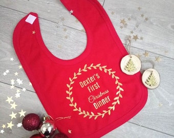 Personalised First Christmas Bib Christmas Dinner Red Gold 1st Xmas Name Bib