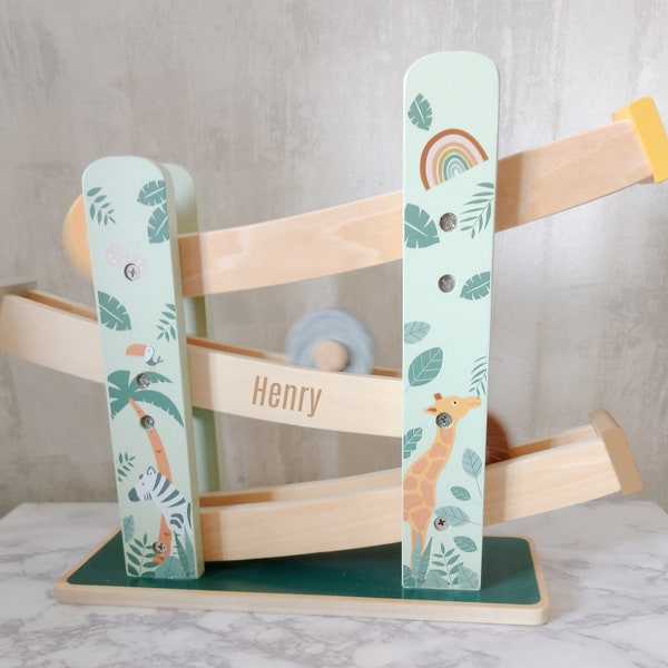 Personalised Wooden Safari Marble Run, Click Clack Track, Kids Toy, Jungle Birthday Present, Christmas Gift