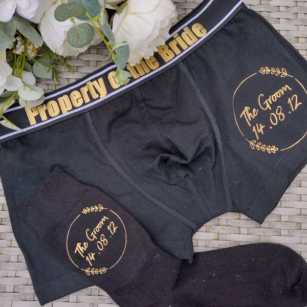 Personalised Groom Boxers And Socks, Wedding Day Gift, Bride To Groom Present, Wedding Day Attire, Underwear, Property Of The Bride