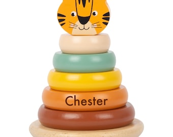 Personalised Wooden Tiger Stacker Toy, Baby Gift, Christening Present, 1st Birthday Gift, Safari Animal Deco