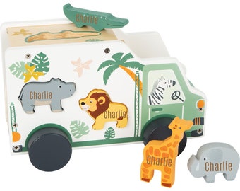 Wooden Safari Shape Sorter Truck, Animal Car, Personalised Christmas Gift, 1st Birthday Gift, Shape Sorting