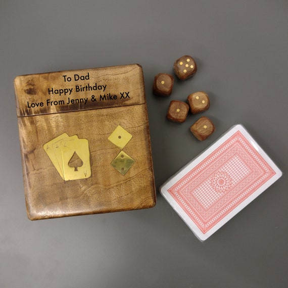 Luxury Card And Dice Wooden Gift Set, Gift For Dad, Grandad, Card Player, Personalised Engraved Present