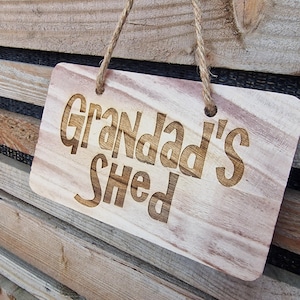 Grandad&#39;s Shed Sign, Personalised Wooden Engraved Chunky Rustic Garden Gift, Dad&#39;s Shed, Fun Present For Grandpa