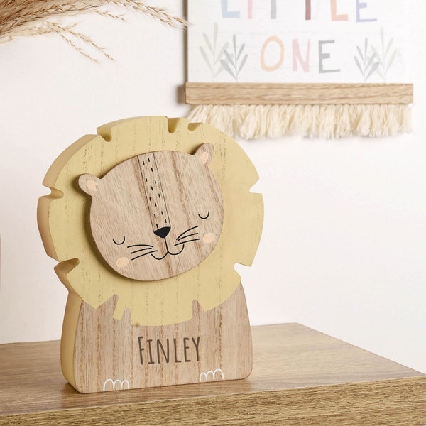 Personalised Wooden Lion Money Box, 1st Birthday Gift, Christmas, Christening Present, Savings Bank