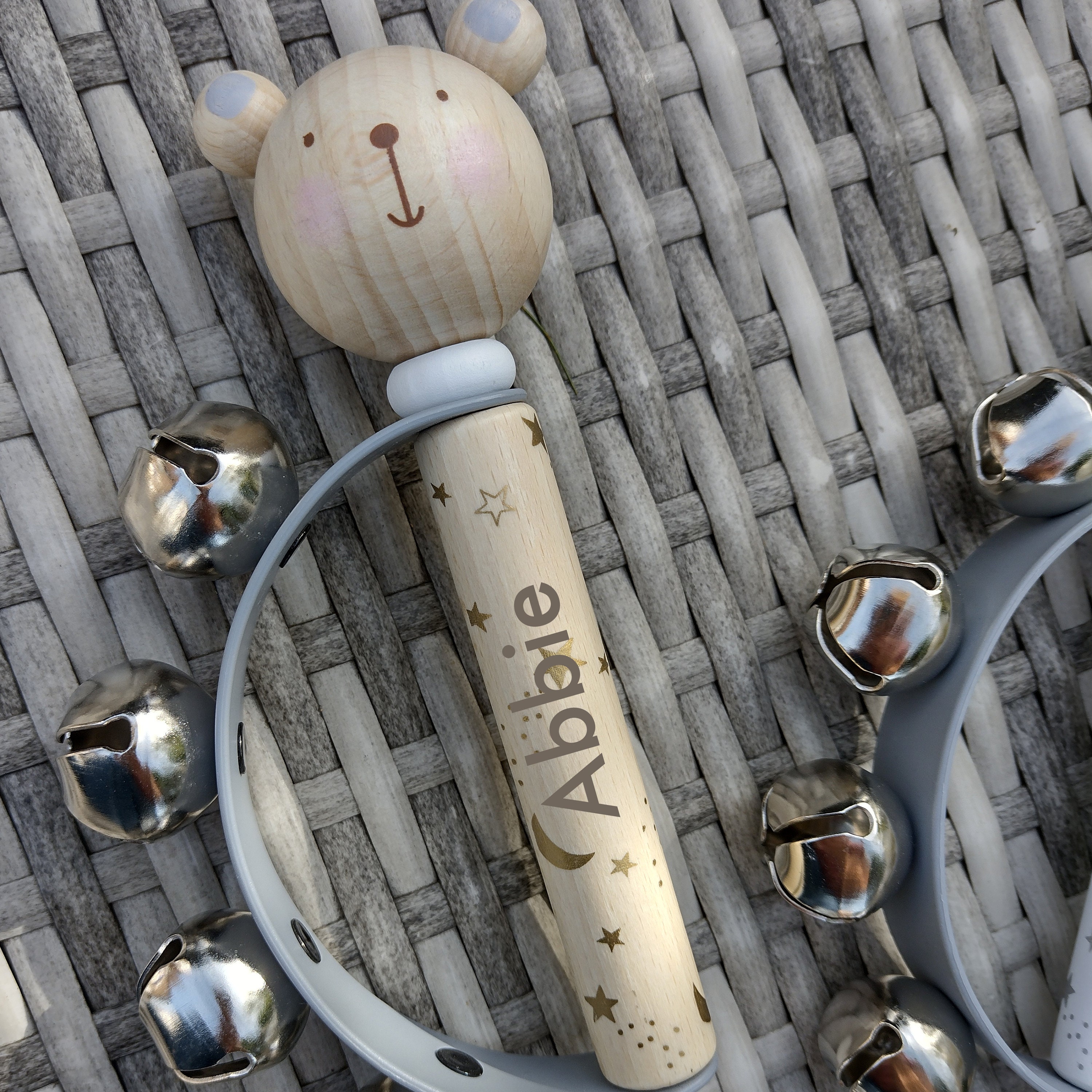 Personalised Wooden Bell Rattle, Engraved Baby Gift, Birthday, Christening, Christmas Present, Musical Instrument, Music Gift