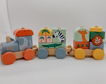 Kids Wooden Safari Train, Personalised Engraved Toy, 1st Birthday Gift, Train lover Present, Christmas Gift