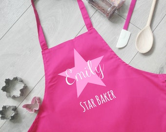 Personalised Children's Star Baker Apron, Kids Baking Apron, Mini Chef Girl Pink