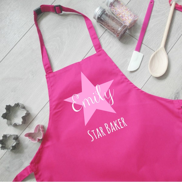 Personalised Children's Star Baker Apron, Kids Baking Apron, Mini Chef Girl Pink