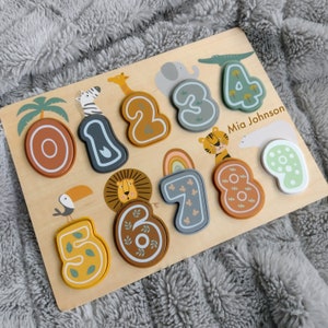 Personalised Wooden Number Safari Jigsaw Puzzle, 1st Birthday Gift, Christmas Present, Christening gift. Educational Presentt