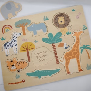 Personalised Wooden Safari Jigsaw Puzzle, 1st Birthday Gift, Christmas Present, Christening gift