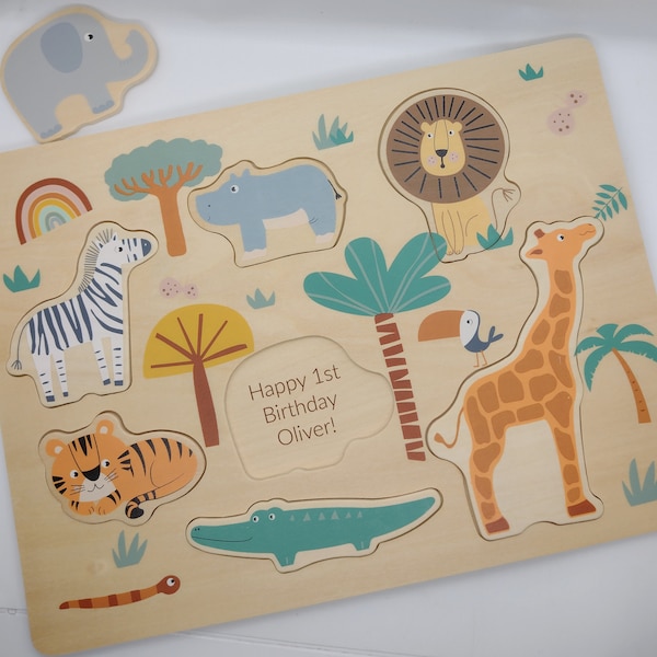 Personalised Wooden Safari Jigsaw Puzzle, 1st Birthday Gift, Christmas Present, Christening gift