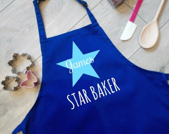 Personalised Children&#39;s Star Baker Apron, Kids Baking Apron, Mini Chef Boy Blue