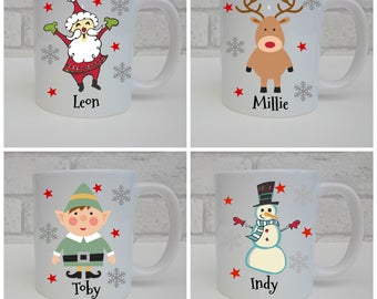 Personalised Christmas Mug and Coaster With Santa, snowman, reindeer or elf. For Christmas Eve Box Family Children Cup