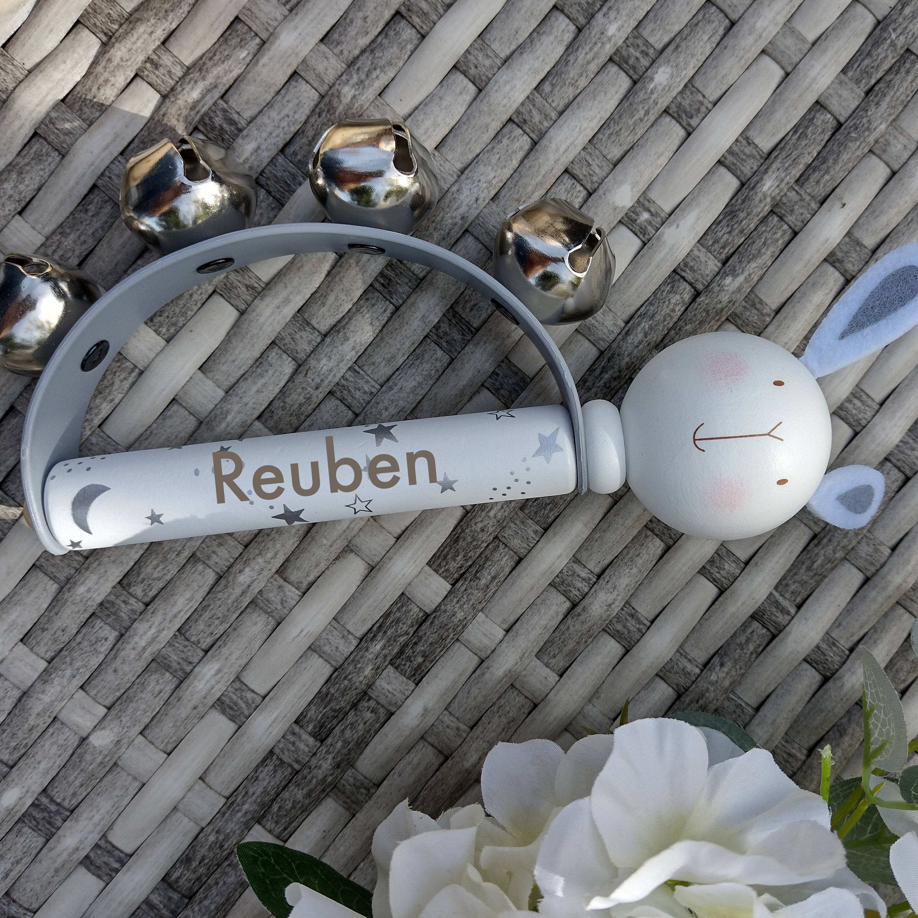 Personalised Wooden Bell Rattle, Engraved Baby Gift, Birthday, Christening, Christmas Present, Musical Instrument, Music Gift