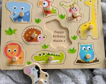 Personalised Wooden Zoo Animals Jigsaw Puzzle, 1st Birthday Gift, Christmas Present, Christening gift, Farm, Jungle