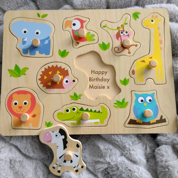 Personalised Wooden Zoo Animals Jigsaw Puzzle, 1st Birthday Gift, Christmas Present, Christening gift, Farm, Jungle