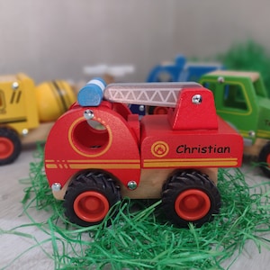 Personalised Wooden Fire Engine Toy, 1st Christmas Present, 1st Birthday, Christening Gift