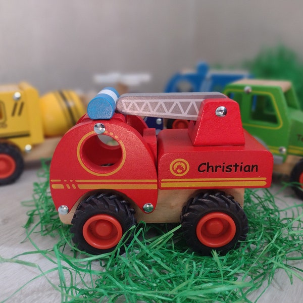 Personalised Wooden Fire Engine Toy, 1st Christmas Present, 1st Birthday, Christening Gift
