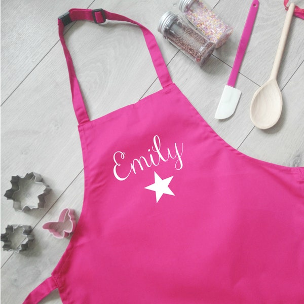 Personalised Children's Star Apron, Kids Baking Apron, Mini Chef Girl Pink Blue Grey Black