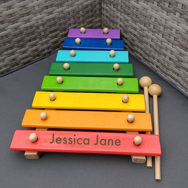 Personalised Children's Wooden Xylophone, Musical Instrument Gift, Kids Birthday Present, Colourful Rainbow Toy