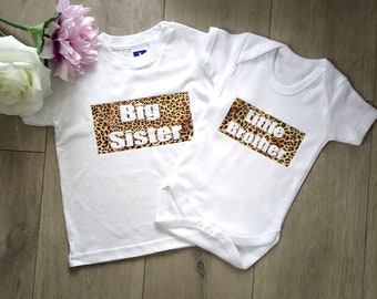 Leopard Print Kids Big Sister Little Brother Sibling T-shirt Big Brother Little Sister Matching New Baby Gift Unisex On Trend Present