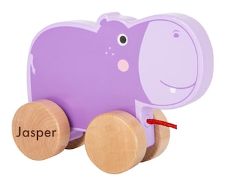 Personalised Pull Along Hippo, Wooden engraved Toy, 1st Birthday gift,  Baby Christmas Present