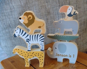 Personalised Wooden Safari Stacking Toy, Animal Gift, Engraved Decor, 1st Birthday Present, Educational Gift