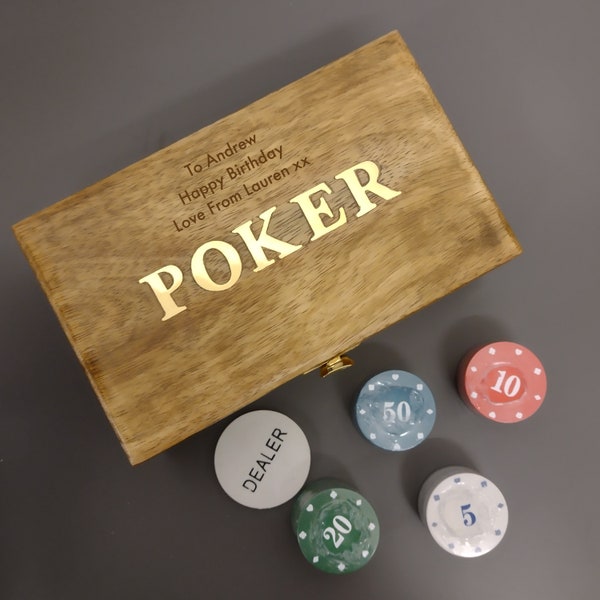 Personalised Wooden Poker Set, Games Night Box, Engraved Wooden Birthday Christmas Anniversary Gift