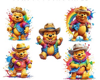 May include: A digital art bundle featuring five illustrations of a yellow bear wearing a cowboy hat and colorful clothing. The bear is surrounded by paint splatters and a rainbow. Text at the top reads "COWBOY POOH BUNDLE".