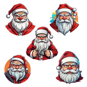 Könnte beinhalten: Fünf Illustrationen des Weihnachtsmanns mit einem strengen Gesichtsausdruck. Jeder Weihnachtsmann trägt einen roten Hut und Mantel, hat einen weißen Bart und eine rote Nase. Die Illustrationen variieren in Hintergrund und Pose.