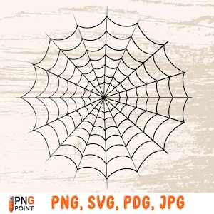 May include: A black spiderweb design on a beige background. The web is a detailed illustration with radial lines and concentric circles. The image includes the text "PNG, SVG, PDG, JPG" in orange.