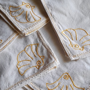 Shells, lovely set of 6 large vintage napkins French cotton linen hand embroidered napkins, serviettes de table, shells, beach seashore image 1