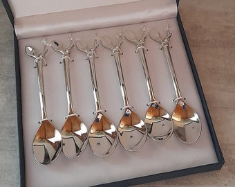 Boxed set of six coffee spoons, lovely set of French Silea silvered metal, table decor, cutlery, leaf and bead finials