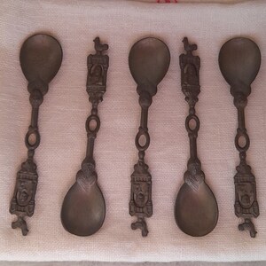Vintage set of five small spoons, decorative, angels, chickens, metal, bought in France, decorative purposes only