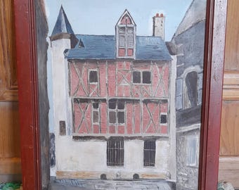 額入り19世紀の油絵 - 街の通りの風景 オリジナルヴィンテージ