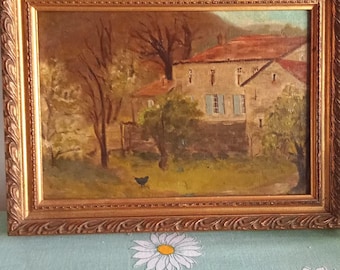 French provencal landscape, vintage oil painting on canvas, framed 32 x 24 cm, framed, chicken in front of house, countryside, France