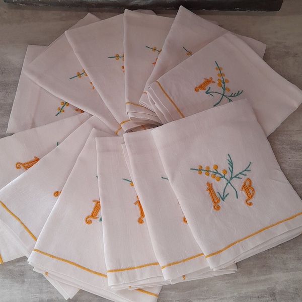 Mimosa, lovely set of 12 small vintage floral napkins with monogram IB, French linen embroidered napkins - off white, 43 x 34 cm approx