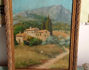French "les Collines d'Aubagne",  provencal landscape, signed, dated 1935, vintage oil painting on rustic textured wood, framed 34 x 27 cm