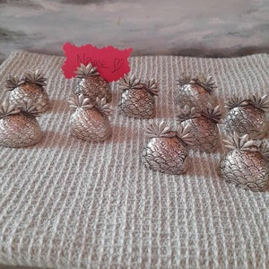 Dieci graziosi segnaposto a forma di ananas Silea, grazioso set in metallo argentato francese, decorazione da tavola, 10 apparecchiati, vintage, timbrati, frutta