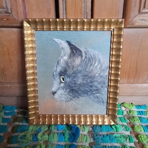 Petit chat gris - petite peinture à l'huile encadrée, huile sur panneau dur, expressif, joli cadre en bois doré, animal, vintage