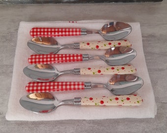 Six small pretty dessert spoons -  vintage spoons, three each of two designs, stainless steel, red and white check, cherries