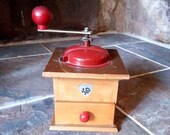 Vintage wooden and red painted metal coffee mill - made by COFF Italy - coffee bean grinder