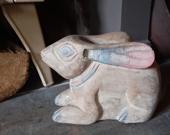 Lovely French wooden rabbit/hare, hand made, painted, expressive